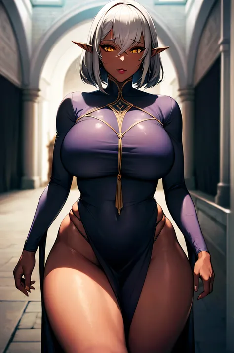 1 Woman, solo, dark elf, matured, seductive, dark skin, extremely dark skin, silver hair, short hair, pointy ears, yellow eyes, lips, thicc, large breasts, large buttocks, castle, medieval, revealing white dress, absurdres, high res, ultrasharp, 8K, master...