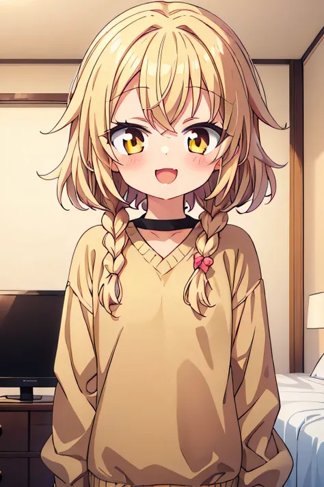 lolli, cute anime toddlers, beige hair, golden eyes, girl with golden eyes, short hair, braided hair on the right side, messy hair, blushing, smile, open mouth, only wearing black sweater, wink eyes, in bedroom, affectionate face, small fanged one