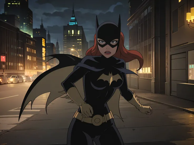 (Alta qualidade),(obra de arte),(detalhado), Batgitlfit, cabelos muito longos, cabelos ruivos, cabelo entre os olhos, rabo de cavalo alto, Fechaduras laterais, olhos azuis, batgirl, roupas brilhantes, body impossible, pele apertada, saia, Olhando para o Vi...