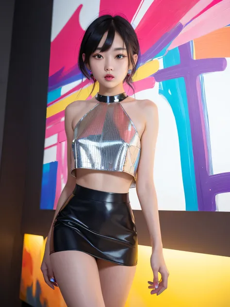 1 girl、long legs,Silver Hair、Dark brown eyes、Shining Eyes、Crop top、mini skirt、Parted lips、1woman wearing trendy clothes, in an abstract oil painting style, fashion show, The painting is ultra-high detailed and has a resolution of 8k, showcasing the best qu...