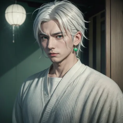 anime character with white hair and green earrings in a room, a character portrait inspired by Itō Ogura Yonesuke, trending on Artstation, shin hanga, handsome guy in demon slayer art, made with anime painter studio, painted in anime painter studio, anime ...