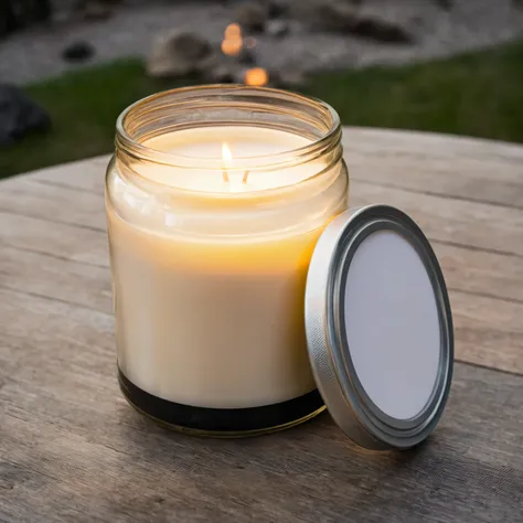 Mockup empty, a blank small beige candle in a jar with white label and black lid standing on a picknic table with outdoor camping in the background, evening,, sony 17 camera, 50mm lens, atmospheric lighting