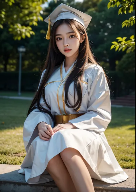 a beautiful 18 year old korean girl in a university costume with an above knee length dress, graduation taking costume, graduation cap, detailed face and eyes,flawless skin,long hair,elegant pose,beautiful detailed dress with intricate patterns,outdoor cam...