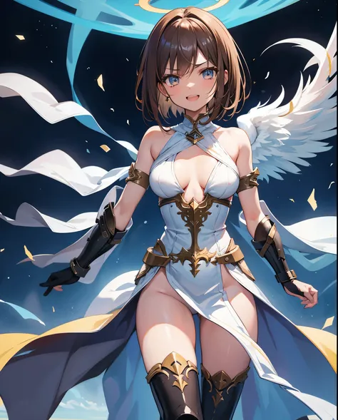 fantasy, 1angel_girl,, ,brown_hair, medium_bob_hair, long_bangs, halo,bare_shoulder,thighhighs,silver_armor, waist_armor, large_breasts,angry,grinning,open_mouth_teeth, 1pair_wings, dynamic_pose_fighting,floating, bare_crotch, headgear,gauntlet, greaves,ci...