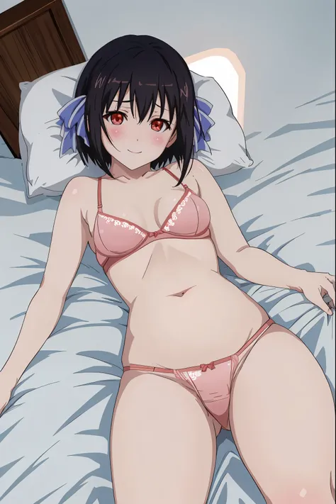 nsfw,Tomomi_Xijing,(red eyes),black hair,Short hair,bob cut,Hair Ribbon,,NSFW,1girl in,(lying),short torso,anime screen cap,Flat color,cel shading,blush,seductive smile,(strong light),((brighten the subject)),[pink floralpanties],[pink floral bra],[perfect...