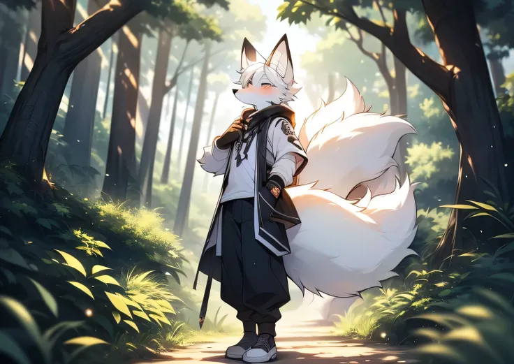 horny boy，Furry fox，((Role:Nine-Tailed Fox)), Black and white hair, Good figure, Handsome，Lovely, Light：Extreme Light and Shadow, Anti-Light Skin,blushed skin，((Worn clothes，Commoner)) ，((Deep in the forest，Stone road，symptoms，solo，The only person))，Outdoo...