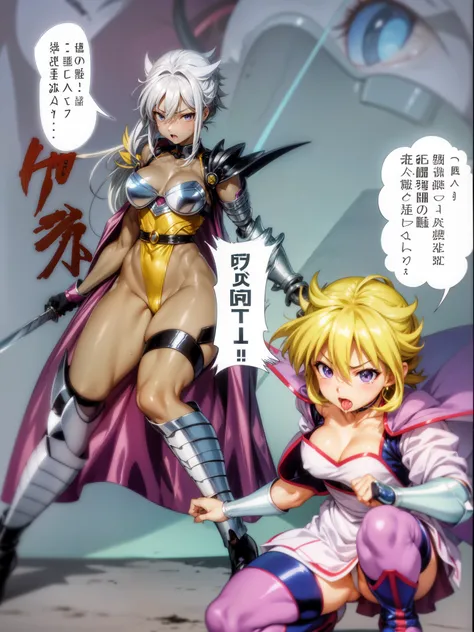 Female Combatant、A silver-haired, tanned Japanese girl、Close-up of a girl in a silver leotard、Silver Shiny Leotard、Silver boots、Silver gloves、Purple Cape、Saiyan Girl, wonderful, Nano Girl, Female body type, Inspired by Hiromu Arakawa, Anime Manga Robot!! A...