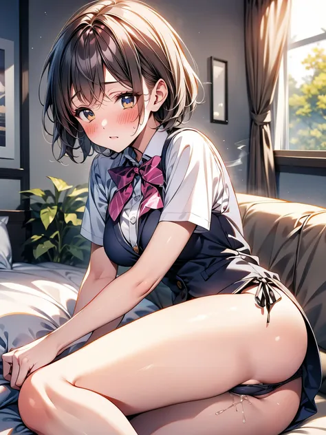 Beautiful woman, (Perfect Anatomy), Slender、(OL、White short sleeve shirt、vest、bow tie, detailed side tie panty), (Look down), (Pussy juice:1.1)、(Hug your chest)、20-year-old、(highest quality)、Black Hair, short hair、 Messy Hair、bedroom、Sitting on the bed、(Cu...