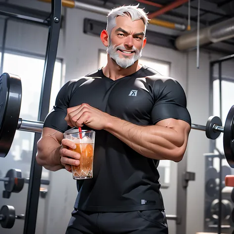 Bulky muscular man, cross fit, drinking soda, Middle age man , beard, dynamic pose, wearing black shirt and shorts,  smiling, husky, dynamic angle, short grey hair, open arms, drinking a soda, fat, fist pump forward, cross fit gym background