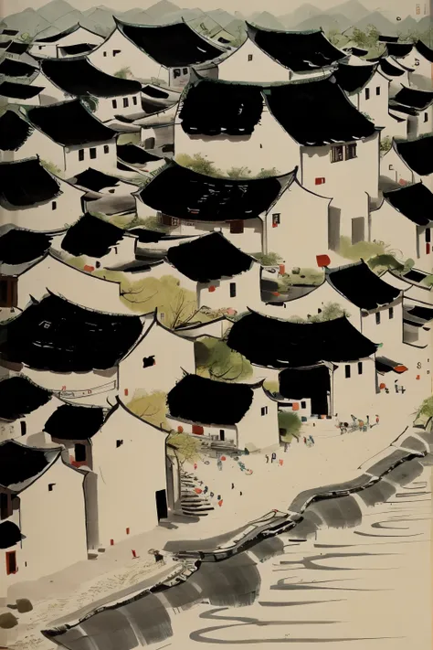 wu guanzhong style works，landscape painting，tangmo ancient village in southern anhui，