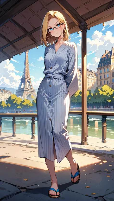 (masterpiece, best quality:1.2), full body, solo, Android 18 from Dragon Ball, white long yukata, stripe, Japanese sandals, small breasts, short blonde hair loose, ((blue eyes)), ((wearing glasses)), earrings on earlobes, slender feminine figure, narrow wa...