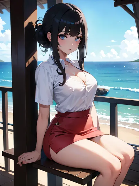 (1girl:1.3), Masterpiece, Best quality, amazing beauty, [[3D]], 4K, absurdres, finely detail, super detailed eye, perfect anatomy, official art, cinematic lighting, BREAK, Bus Stop, ocean/beach/sea, silky half up hair, blunt bangs, curi inside hair, black ...