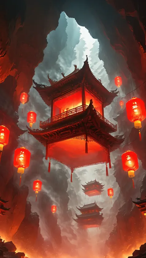 Ancient Chinese tombs,Ancient Chinese buildings in the underground city are suspended in the air,Weird lighting,Spacious,Dark,Girl with beautiful figure,Red robe,