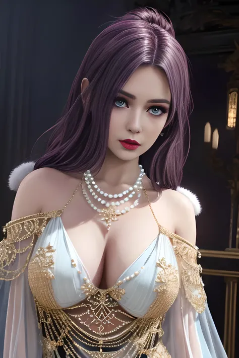 1girl, ice-crystal embellished dress, unclothed body, jewel, lace cloak, fluffs, pearl bodychain, beautiful detailed eyes, beautiful detailed lips, extremely detailed eyes and face, long eyelashes, best quality, 4k, 8k, highres, masterpiece, ultra-detailed...