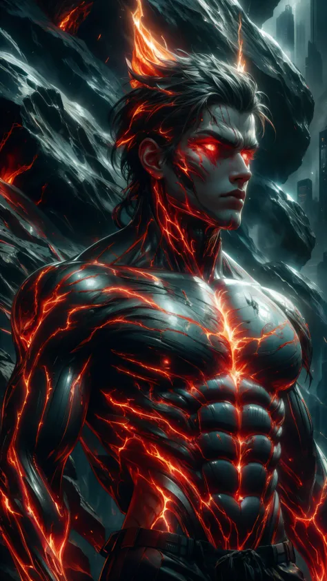 (absurdres, highres, ultra detailed)(masterpiece), (extremely intricate:1.3), (realistic),cyberpunk city,Cinematic Lighting,4k,(masterpiece), (1boy:1.2),upper body,nvwashireg, burnt clothes,(glowing skin:1.3),(((molten rock skin)))