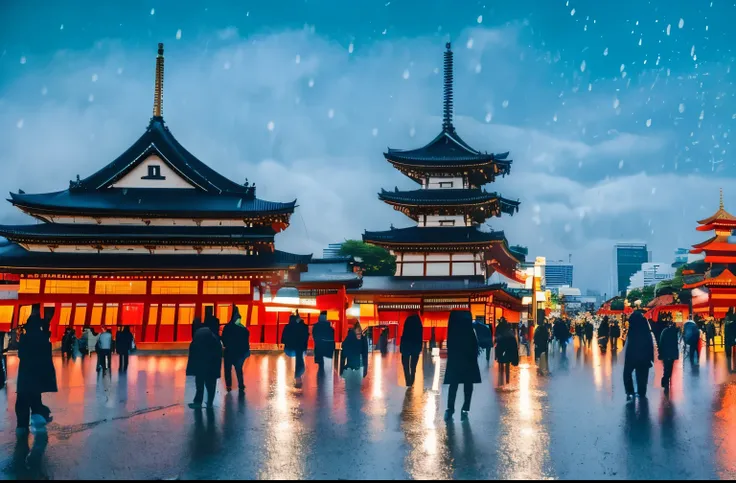 The bustling town of Asakusa,The big lantern at Nakamise, Rain ripples on the ground, Van Gogh Style, Surrealism, Super detailed, Ultra HD, 8k, In the center of the screen is Sensoji Temple.