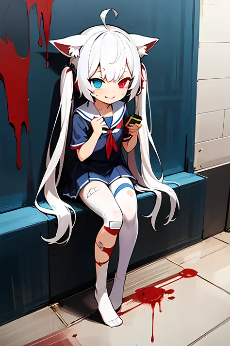 heterochromia blue red, masterpiece, best quality, kawaii, loli, white hair, long hair, ahoge, twintails, cat_ears, smirk, blood on face, sailor suite, white legwear, torn pantyhose, uwabaki, holding sword, bandaid, smartphone , headphones around neck,  ag...