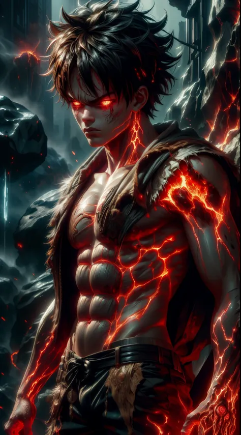 (absurdres, highres, ultra detailed)(masterpiece), (extremely intricate:1.3), (realistic),cyberpunk city,Cinematic Lighting,4k,(masterpiece), (1Luffy:1.2),upper body,nvwashireg, burnt clothes,(glowing skin:1.3),(((molten rock skin)))