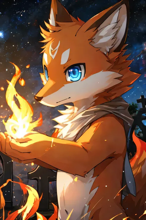 Dark sky、Cemetery、Flame、（particle）、masterpiece、（Role：Nine-Tailed Fox）、magic、fighting、high quality、Light blue eyes、（sad：1）