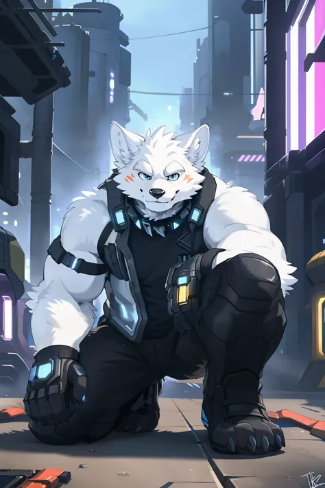 ((all white fur:1.5)), solo, perfect sky blue eyes, spike collar, (artist:takemoto arashi), mature face, elder, longeyelashes, w...