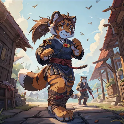 (4fingers), small_round_ears, small_panda_ears, pandaren, world_of_warcraft, furry, anthropomorphic, fluffy_tail, foxtail, cfemale, claws, red_panda, tiger_stripes, tiger_face, flat_chested, short_stack, teen, teenager, amber_eyes, pupils, (tiger_legs), (l...