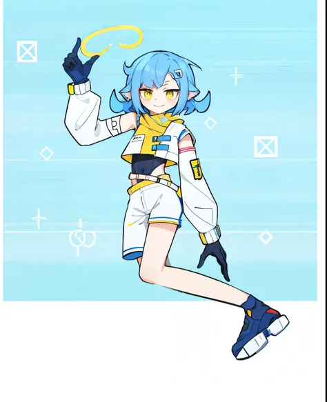 ,Hair intake,Smile,Short coat,shorts,Navel， Gloves, One-legged，armband, Hairpin, ,Gloves ,Blue Hair，Yellow eyes，Halo