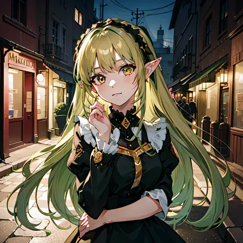 (Best quality, 4k, Masterpiece :1.3), 1girl, anime_style, alleyway, night, dark atmosphere, beautiful girl, young girl, overalls, long hair, light green hair, golden eyes, ((GOLDEN EYES)), medium breasts, elf, pointy ears, close up on face, upper body, wea...