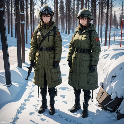 Two female soldiers standing side by side、M-51 Parka Coat、Put on a helmet、Wear goggles、Personal Equipment Set、whole body、Write details、masterpiece、best quality、Highly detailed CG、8K picture quality