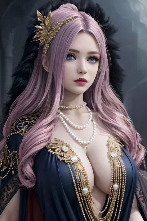 1girl, ice-crystal embellished dress, unclothed body, jewel, lace cloak, fluffs, pearl bodychain, beautiful detailed eyes, beautiful detailed lips, extremely detailed eyes and face, long eyelashes, best quality, 4k, 8k, highres, masterpiece, ultra-detailed...