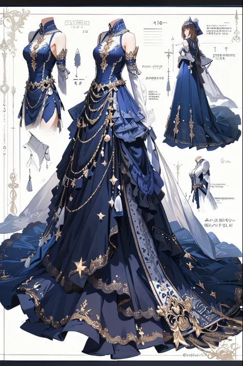 Mastepiece、Best Quality、Perfect lighting、Very detailed、8k、wallpaper、Information Sheet、Model Sheet、Simple white background、(Dress only photo)、((clothes sheet:1.5))、(Multiple Perspectives, [whole body_From behind_From the side_from the front_feet_Upper Body]...