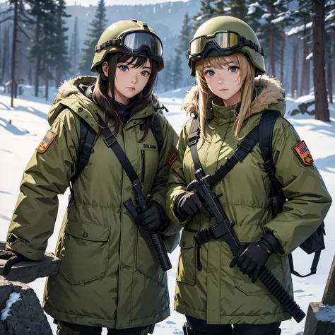 Two female soldiers standing side by side、M-51 Parka、Put on a helmet、Wear goggles、Personal Equipment Set、whole body、Write details、masterpiece、best quality、Highly detailed CG、8K picture quality