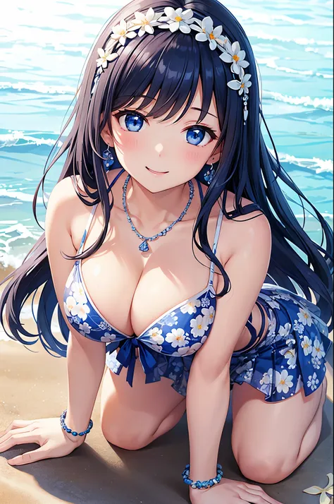 highest quality、highest quality、masterpiece、beautiful girl、Navy blue long hair、blue eyes、Sexy white bikini(Floral pattern printed)、Big cleavage、(Big Breasts),smile、blue necklace、Blue Earrings、background(Beach)、Please open your mouth wide、White headband、bra...