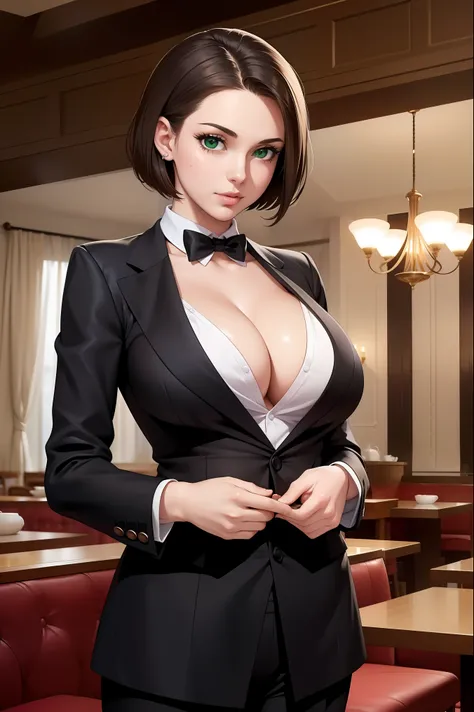 (masterpiece, best quality:1.4), illustration, 8k, hd, 1girl, solo, really_short_hair, brown_hair, butler clothes,  no underwear, black coat, green_eyes, cleavage, black trousers, butler, white butler, ((big breast, oepn mouth)), (restaurant, café)