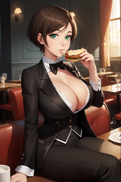 (masterpiece, best quality:1.4), illustration, 8k, hd, 1girl, solo, really_short_hair, brown_hair, butler clothes,  no underwear, black coat, green_eyes, cleavage, black trousers, butler, white butler, ((big breast, eating. sitting)), (restaurant, café)