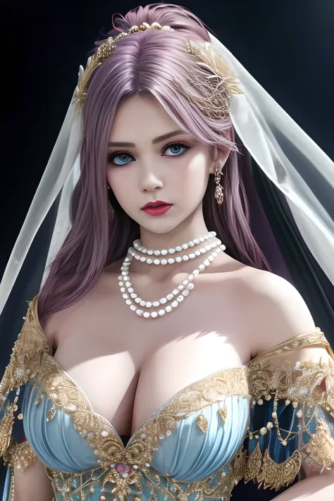 1girl, ice-crystal embellished dress, unclothed body, jewel, lace cloak, fluffs, pearl bodychain, beautiful detailed eyes, beautiful detailed lips, extremely detailed eyes and face, long eyelashes, best quality, 4k, 8k, highres, masterpiece, ultra-detailed...