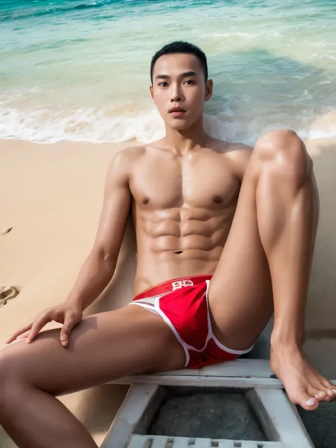 Handsome young man,Thai person,teenager,Take off your shirt.,red panties,The backdrop is the sea.