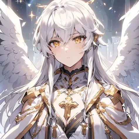 female, 25 years old, silver armor with gold accents, long hair completely white, golden eyes, serious face, two white angelic w...