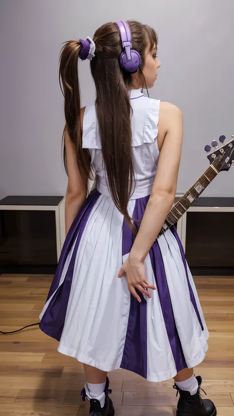 ((masterpiece, best quality))1girl, solo, fashion purple dress modern future, electric guitar, headphones, ponytail, holding, holding plectrum, instrument, very long brown hair, music, one side up, teal hair, twin tails, playing guiter, pleated long skirt ...