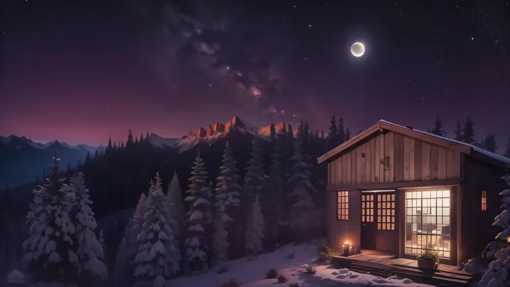 A remote mountain cabin on a moonlit night