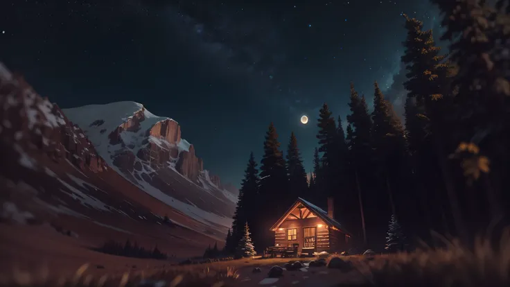 A remote mountain cabin on a moonlit night