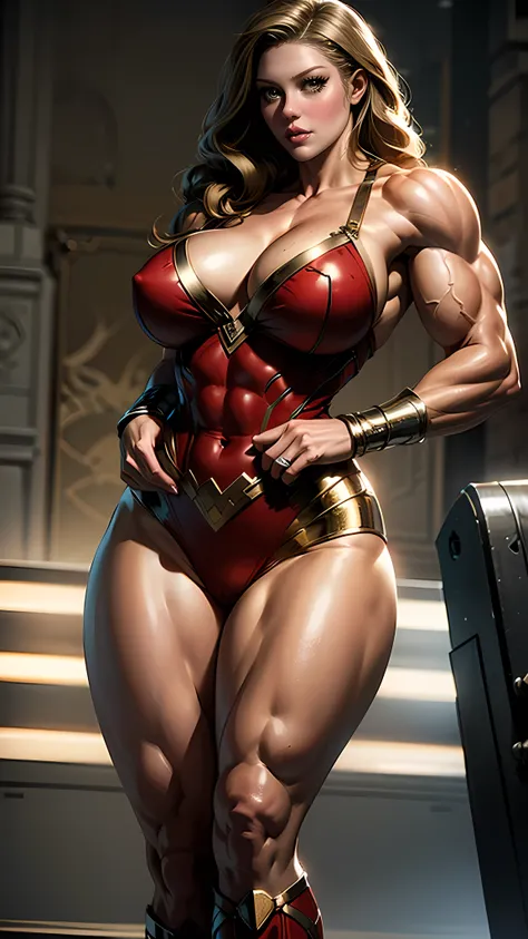 Nordic blonde ((massive female bodybuilder)) with very large calves very beautiful resemblance to Katheryn Winnick dressed as Wonder Woman with very (((huge breasts))) showing her gigantic strength