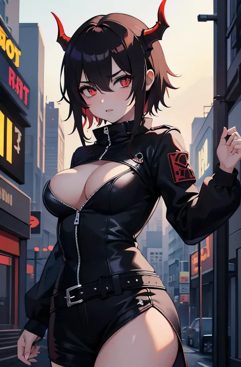 Best quality, une fille, demon, yeux rouge, agressive, envoutante, Threatening, se retourne vers moi, dans une ville cyberpunk, la nuit