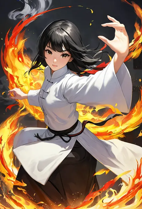 asian、black hair、fire user、cook、teenage girl、kung fu、wearing white monastic clothing