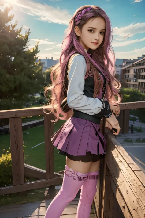 high resolution, best quality, masterpiece, very high image quality, ultra-detailed, hyperrealistic, 3d, anime, illustrations, fantasy, hard rock girl, very beautiful cute, pink wavy hair, side braid, miniskirt, knee high socks, engineer boots, background ...