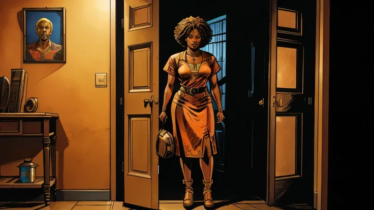 African American lady, standing in the door opening of the house, 30 years old, comic book style, highly detailed, hyper realistic, photorealistic, intricate details, dramatic lighting, vibrant colors, warm color tones, cinematic composition, epic