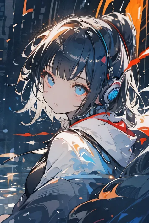 (((The background is the night city)))Facing forward、20-year-old woman、Wearing headphones around your neck、Black blue hair、Bangs、ponytail、Straight face、iridescent eye op fade:1.3)、Dark Theme、Calm colors調、Calm colors、High contrast、(Natural skin texture、Hype...