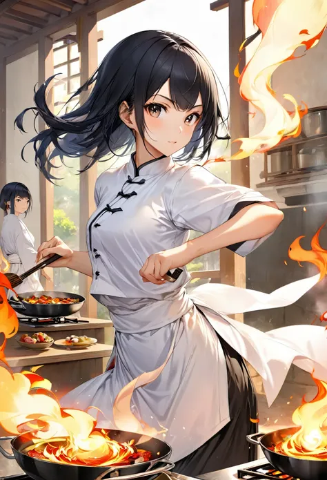 Asian、Black Hair、Fire User、Cook、Teenage girl、Kung Fu、Wearing white monastic clothing