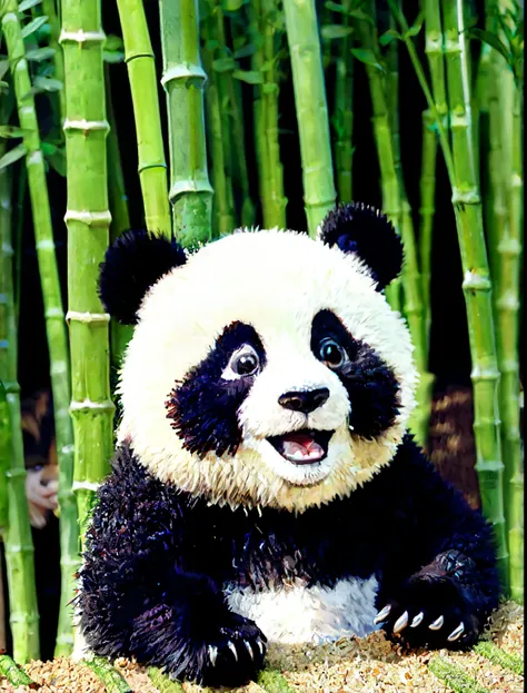 the head of a panda smiling with bamboo planted behind