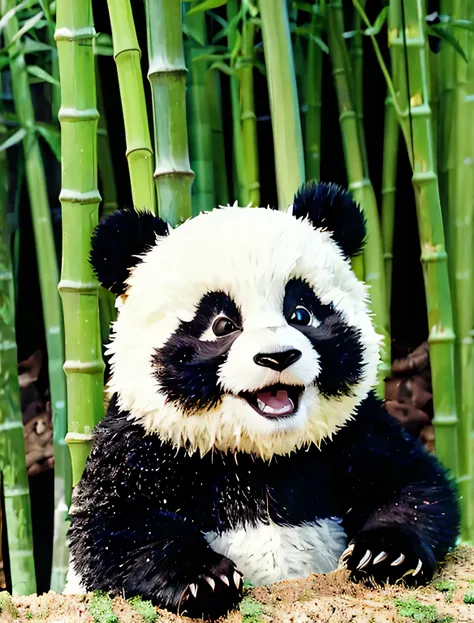 the head of a panda smiling with bamboo planted behind