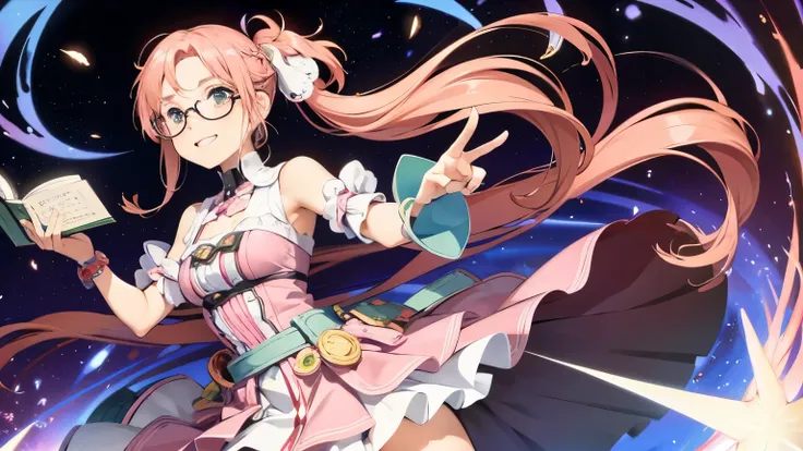 Create an adorable anime-style illustration of a teenage girl with pink hair, wearing a stylish with a mini skirt. She has a playful ponytail and a sweet smile as she confidently . With stylish glasses adding to her charm, she radiates a cute and endearing...